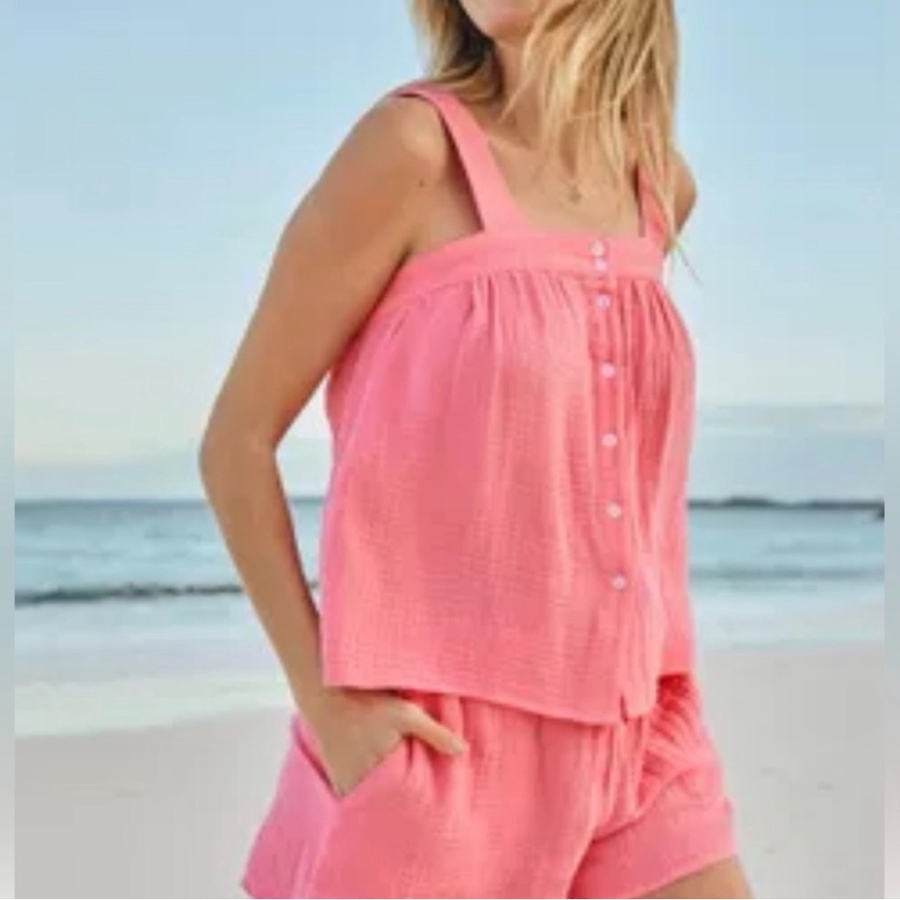 Pink Sleeveless Button-Down Top and Shorts Set